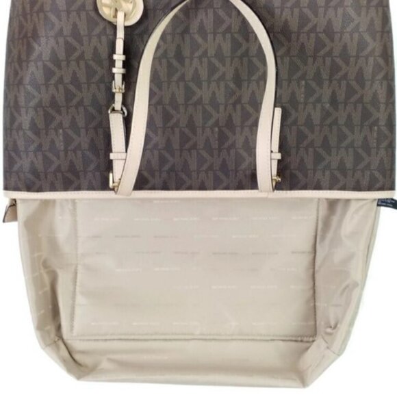 Michael Kors Jet Set Travel Large Brown Monogram Tote Bag Zip Top Leather Trim - Picture 13 of 16